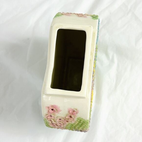 Vintage 1981 Handmade Studio Pottery Round Flat Vase Bottle 6” Textured Floral - Picture 4 of 5